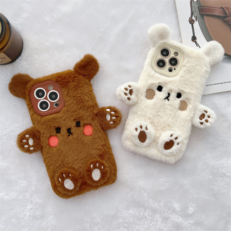Phone Accessories List - Korean 3D Cartoon Bear Fluffy Plush