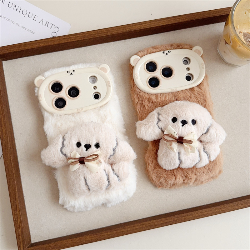 Phone Accessories List - 3D Cartoon Bowknot Puppy Warm Fluffy
