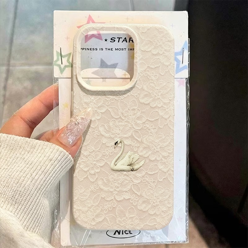 Phone Accessories List - Lace Swan Pattern Lychee Texture Phone
